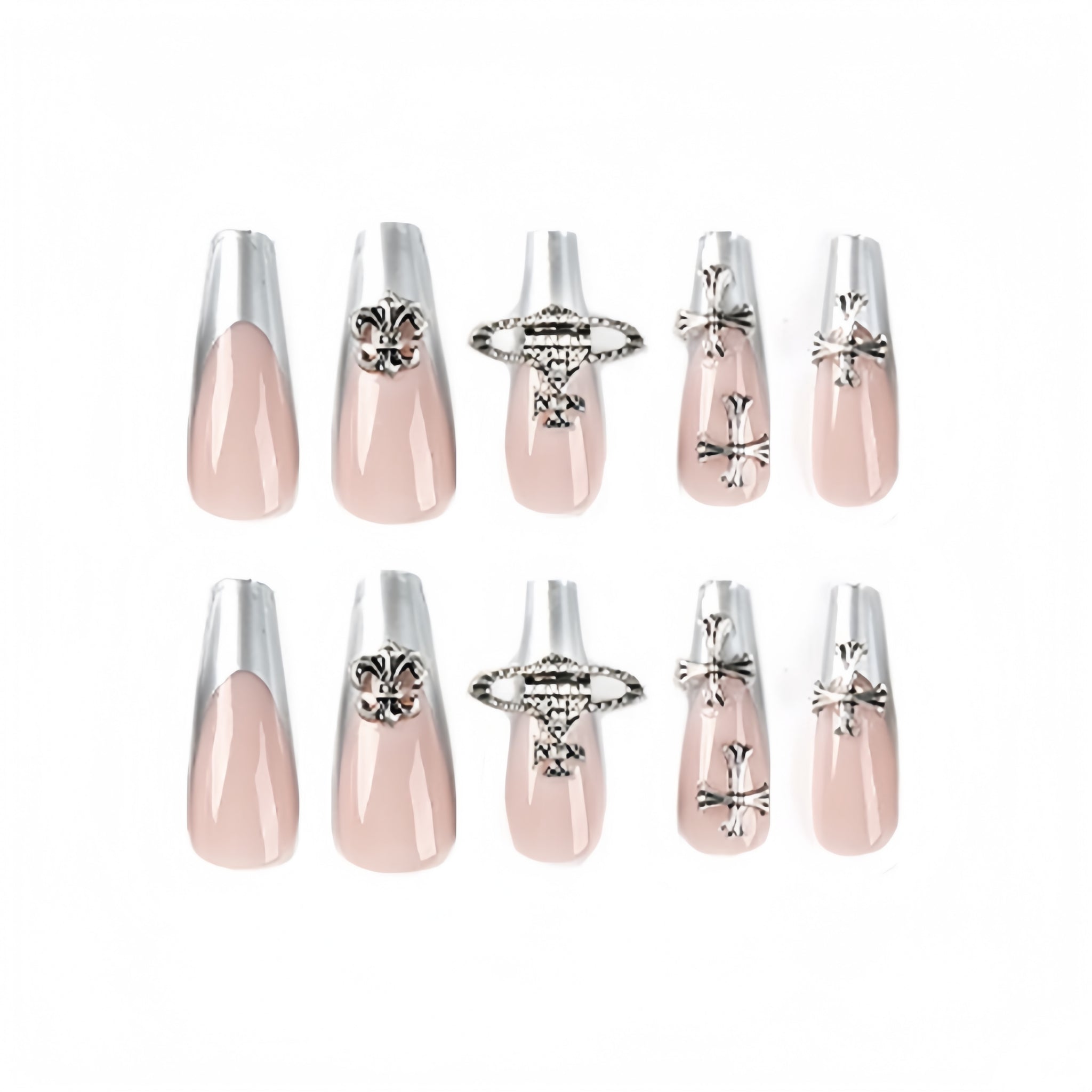 24 Pcs Pink - Silver Ornamented Exquisite Pointed Nails